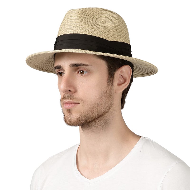 Lanzom Summer Beach Sun Hats for Men Women Foldable Floppy Travel Packable Staw Hat, Wide Brim Hat (Style B-Beige, Medium Size:Fit for 22.5"-23") - Image 1